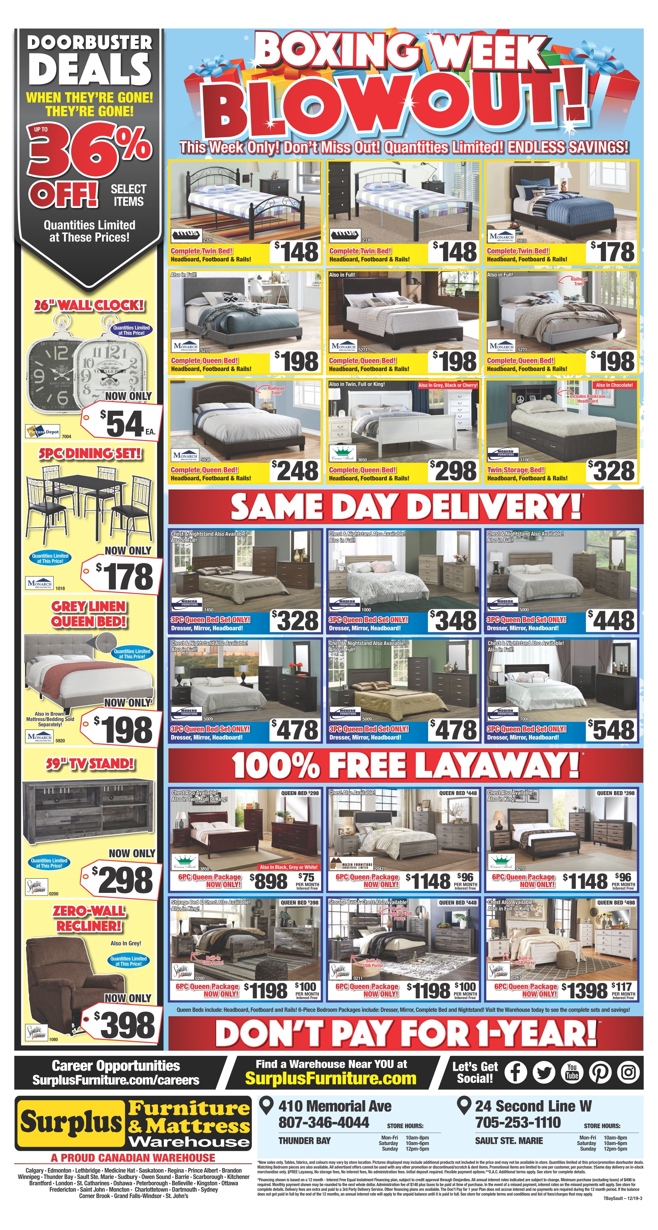 Surplus Furniture & Mattress Warehouse (Thunder Bay) Boxing Week Flyer December 17 to 30