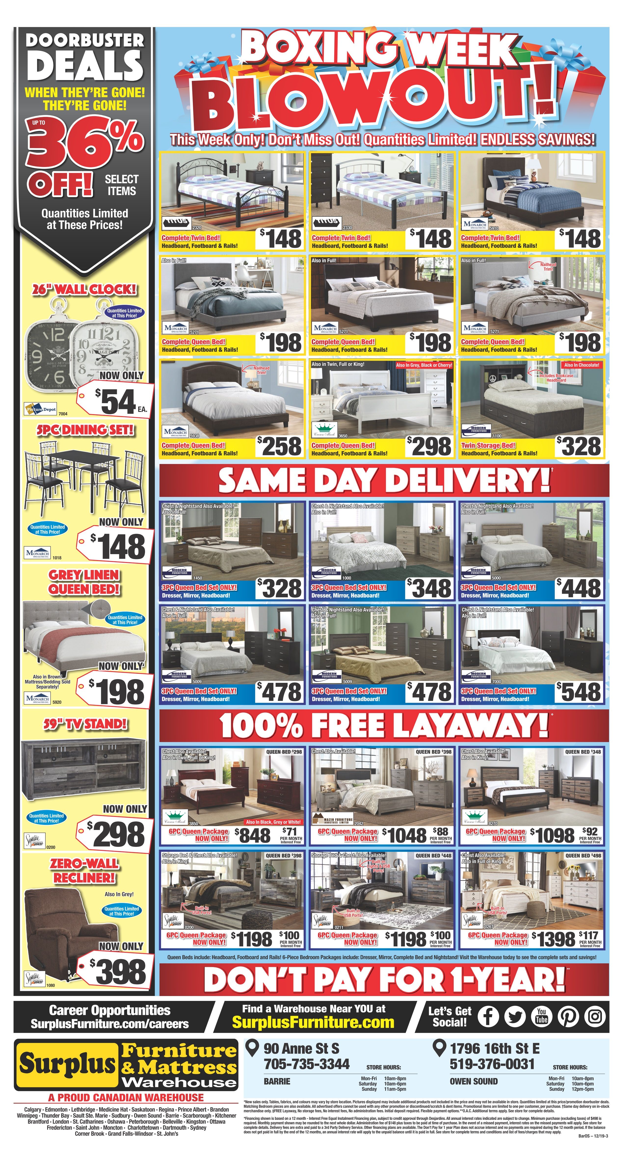 Surplus Furniture & Mattress Warehouse (Owen Sound) Boxing Week Flyer December 17 to 30