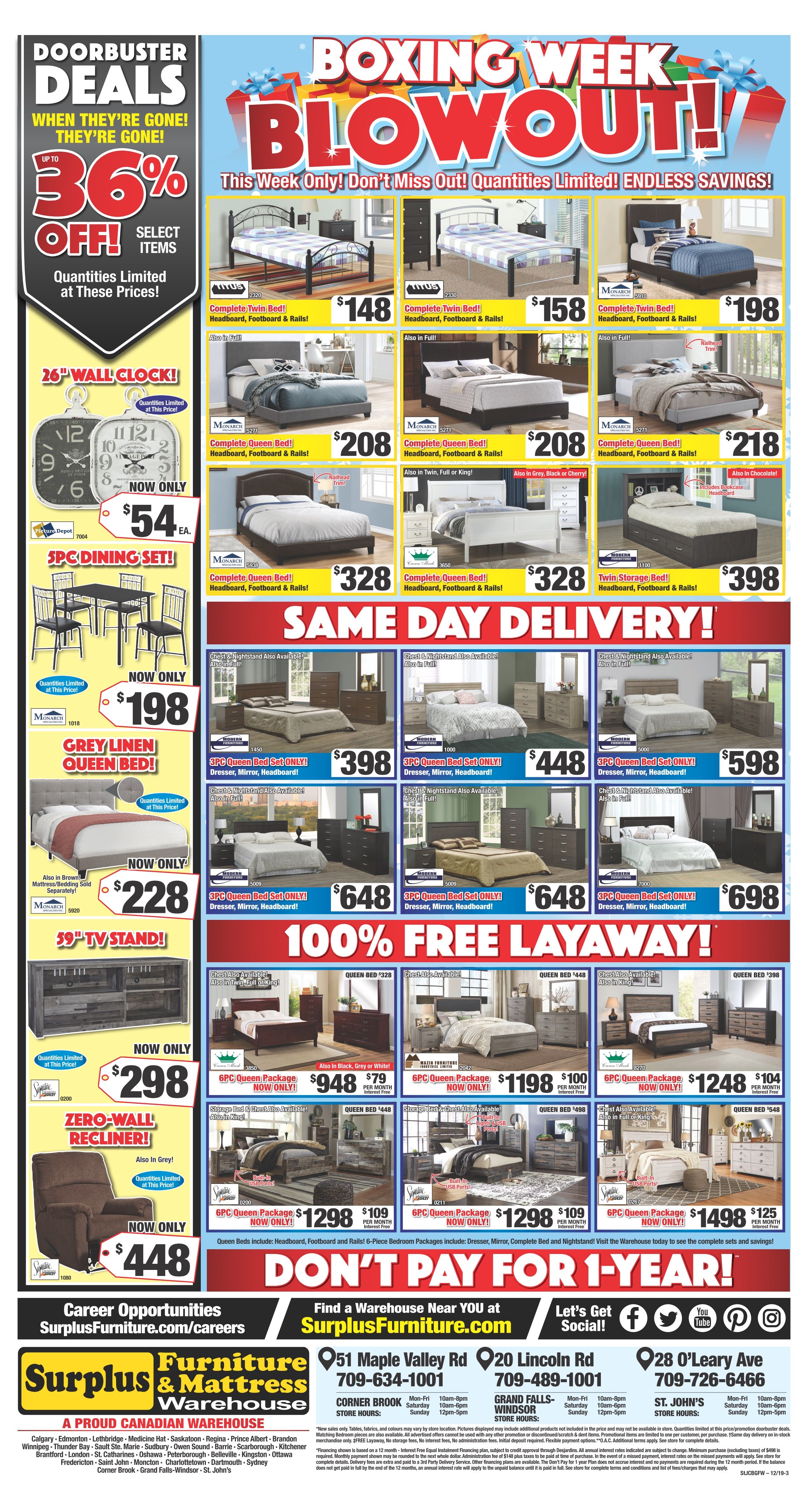 Surplus Furniture & Mattress Warehouse (Corner Brook) Boxing Week Flyer December 17 to 30
