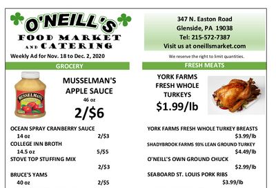 O'Neill's Food Market Thanksgiving Weekly Ad Flyer November 18 to December 2, 2020