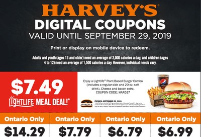 Harvey’s Canada Digital Coupons, Ontario, Valid until September 29