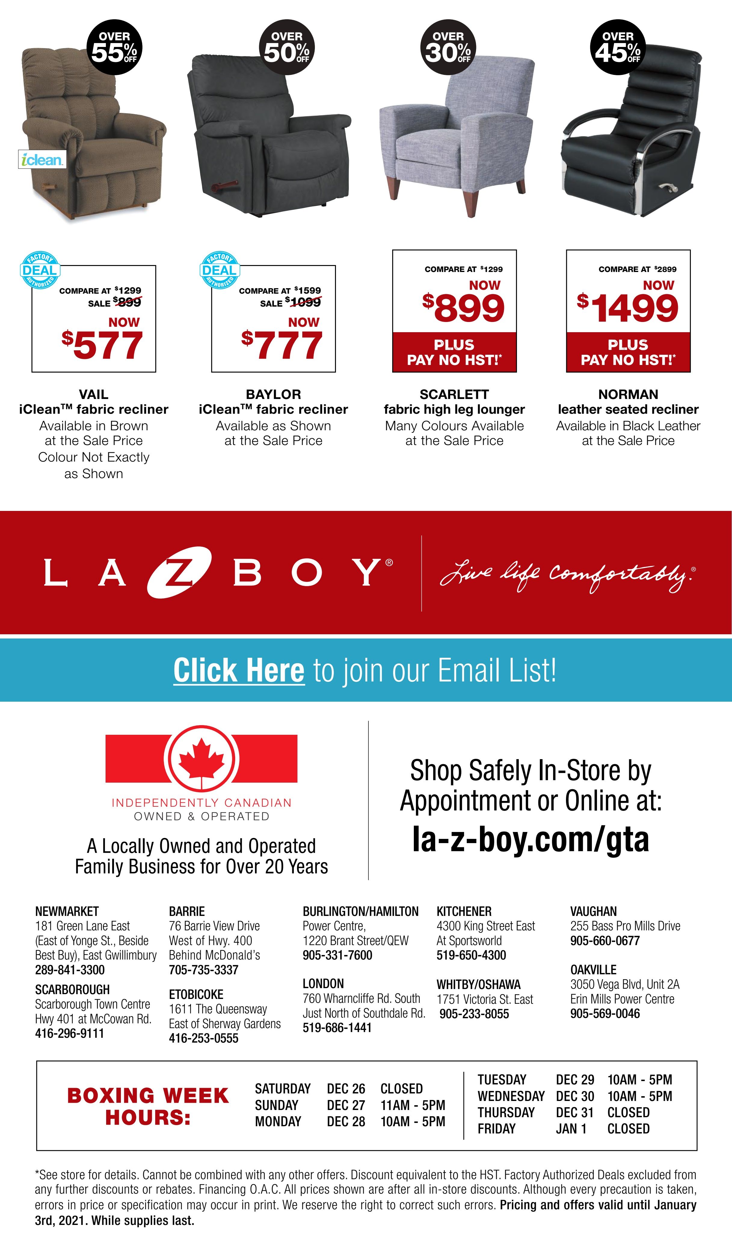 La-Z-Boy (GTA) Boxing Week Flyer December 24 to January 3