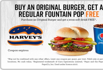 Harvey's Canada Free Fountain Pop Online Coupon