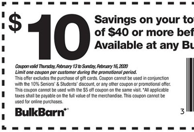 Bulk Barn Canada Coupon: Save $10 off $40, February 13 - 16