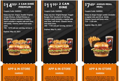 Harvey’s Canada Coupons (BC, SK, MB, Atlantic Canada exc. NFLD): until May 23