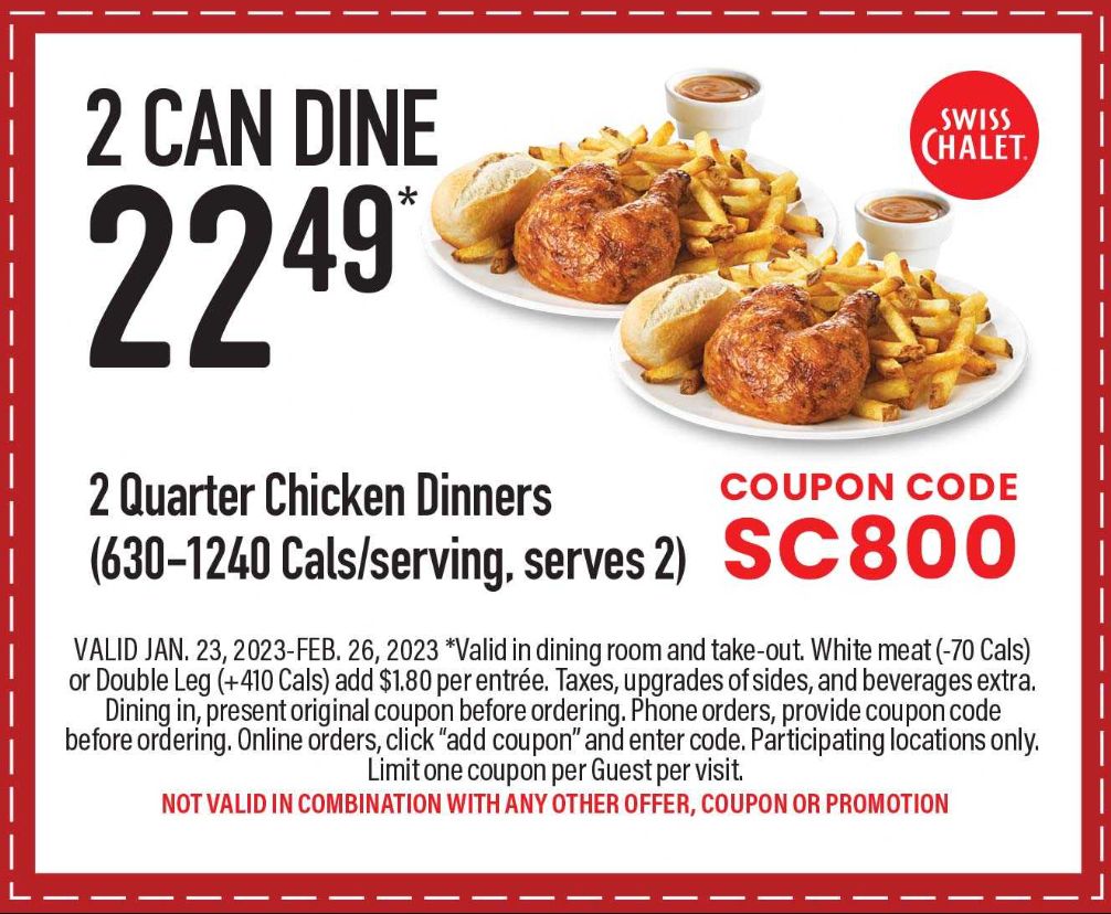 Swiss Chalet Canada New Coupons: Valid until February 26