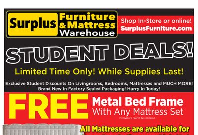 Surplus Furniture & Mattress Warehouse (Winnipeg, Brandon) Student Deals Flyer August 7 to September 3