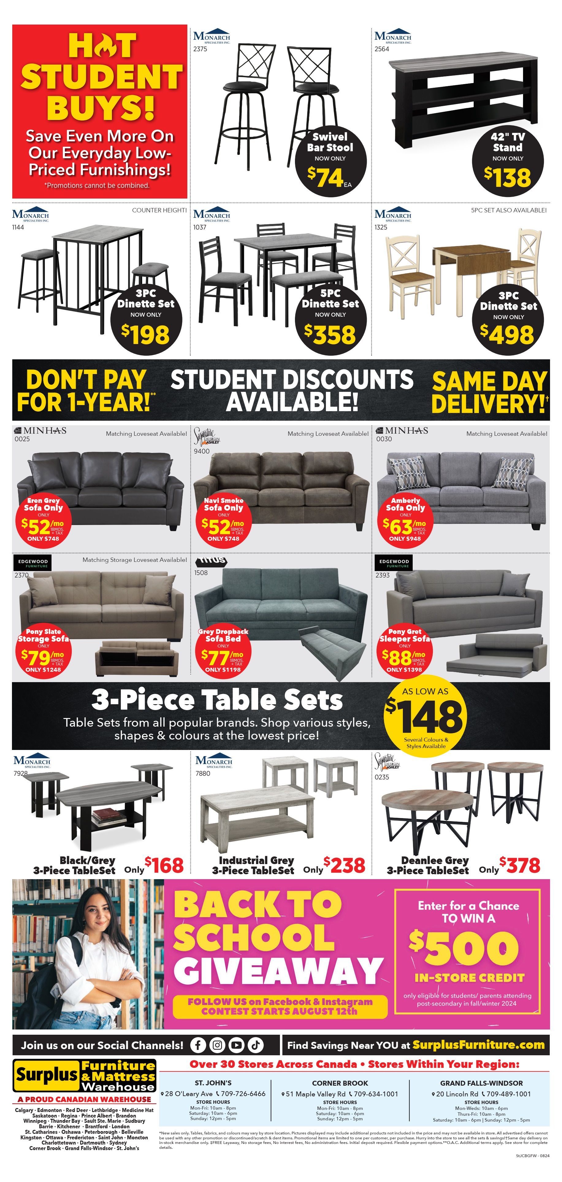 Surplus Furniture & Mattress Warehouse (St. John's, Corner Brook, Grand Falls Windsor) Flyer August 1 to September 1