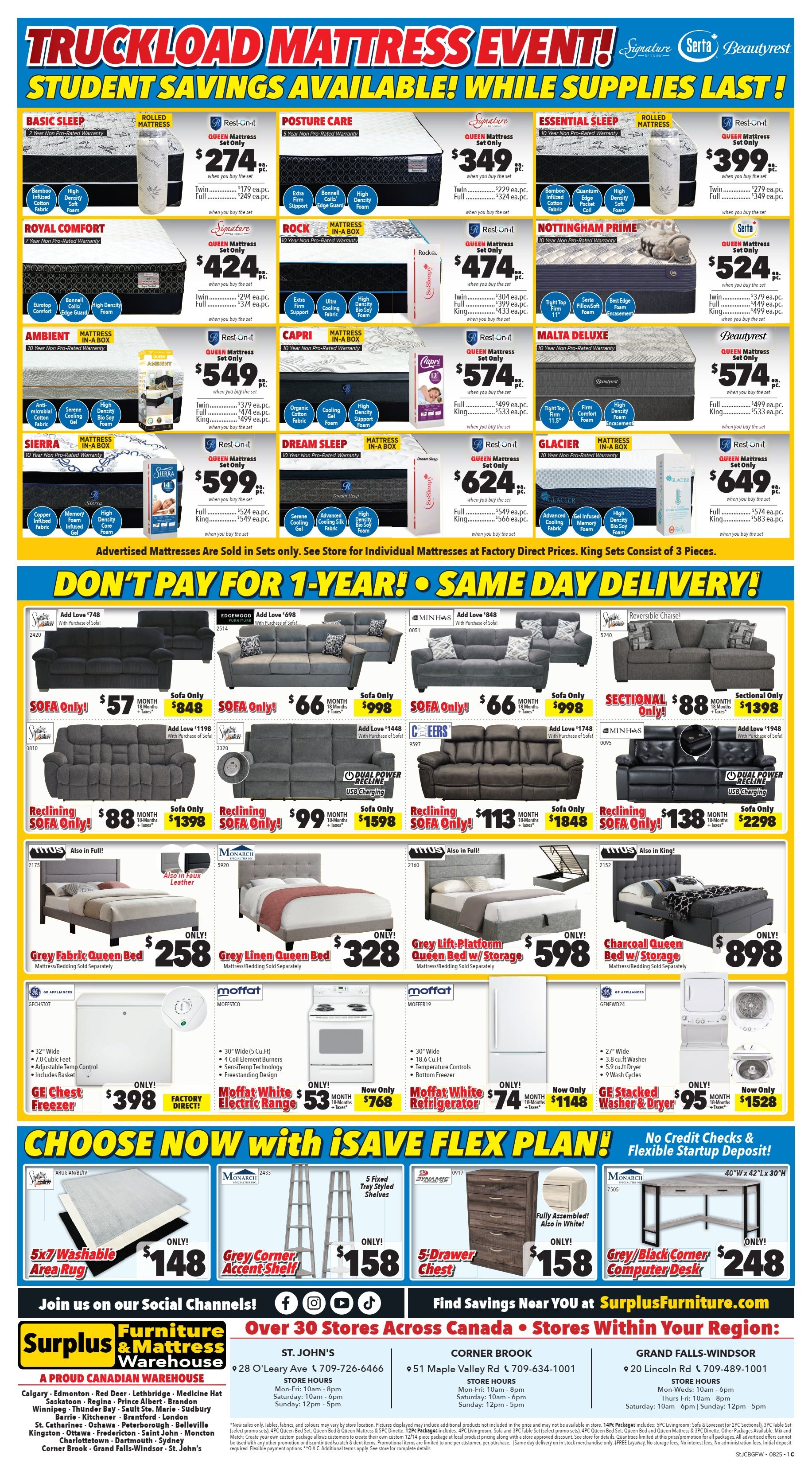 Surplus Furniture & Mattress Warehouse (St. John's, Corner Brook, Grand Falls Windsor) Flyer July 28 to August 10