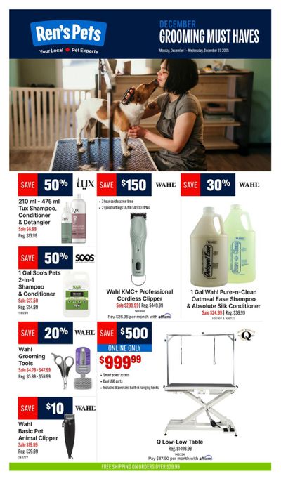 Ren's Pets Grooming Must Haves Monthly Flyer December 1 to 31