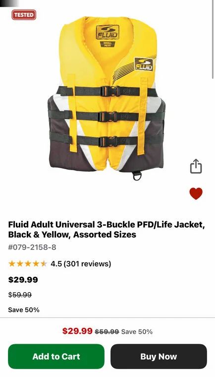 Canadian Tire: Fluid Universal 3-Buckle Adult Life Jacket, Sizes S-XL