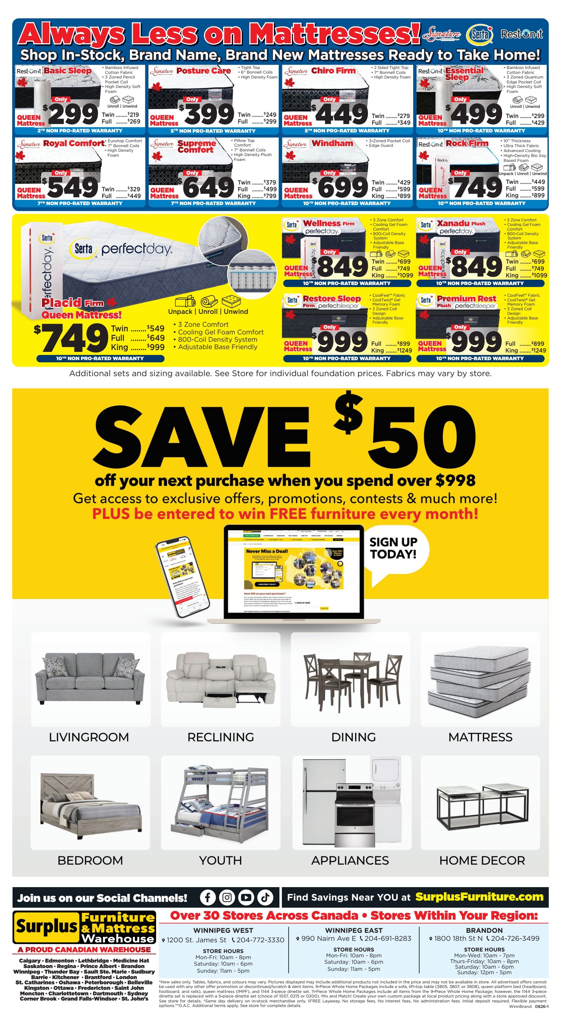 Surplus Furniture & Mattress Warehouse (Winnipeg, Brandon) Flyer July 27 to August 2