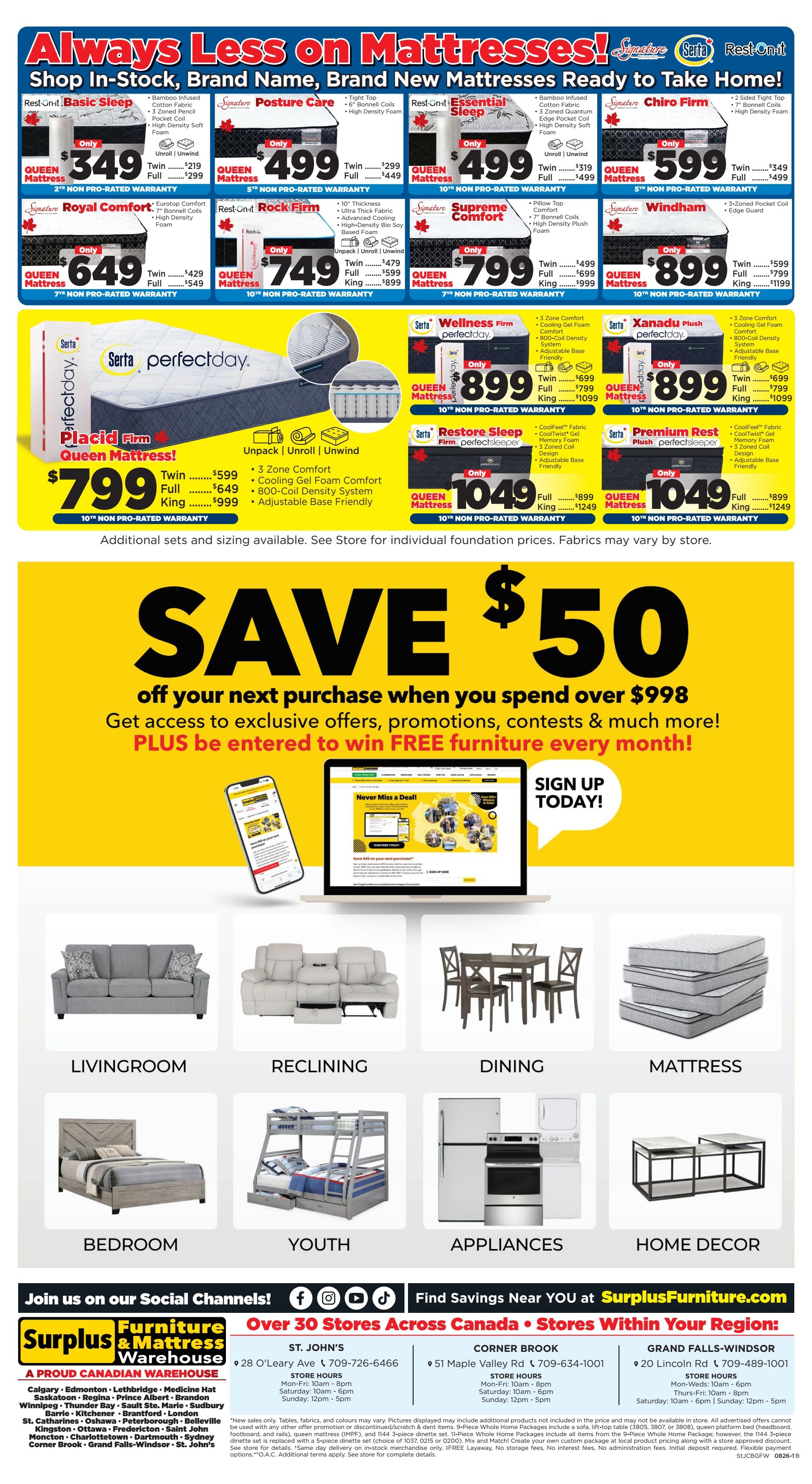 Surplus Furniture & Mattress Warehouse (St. John's, Corner Brook, Grand Falls Windsor) Flyer July 27 to August 2