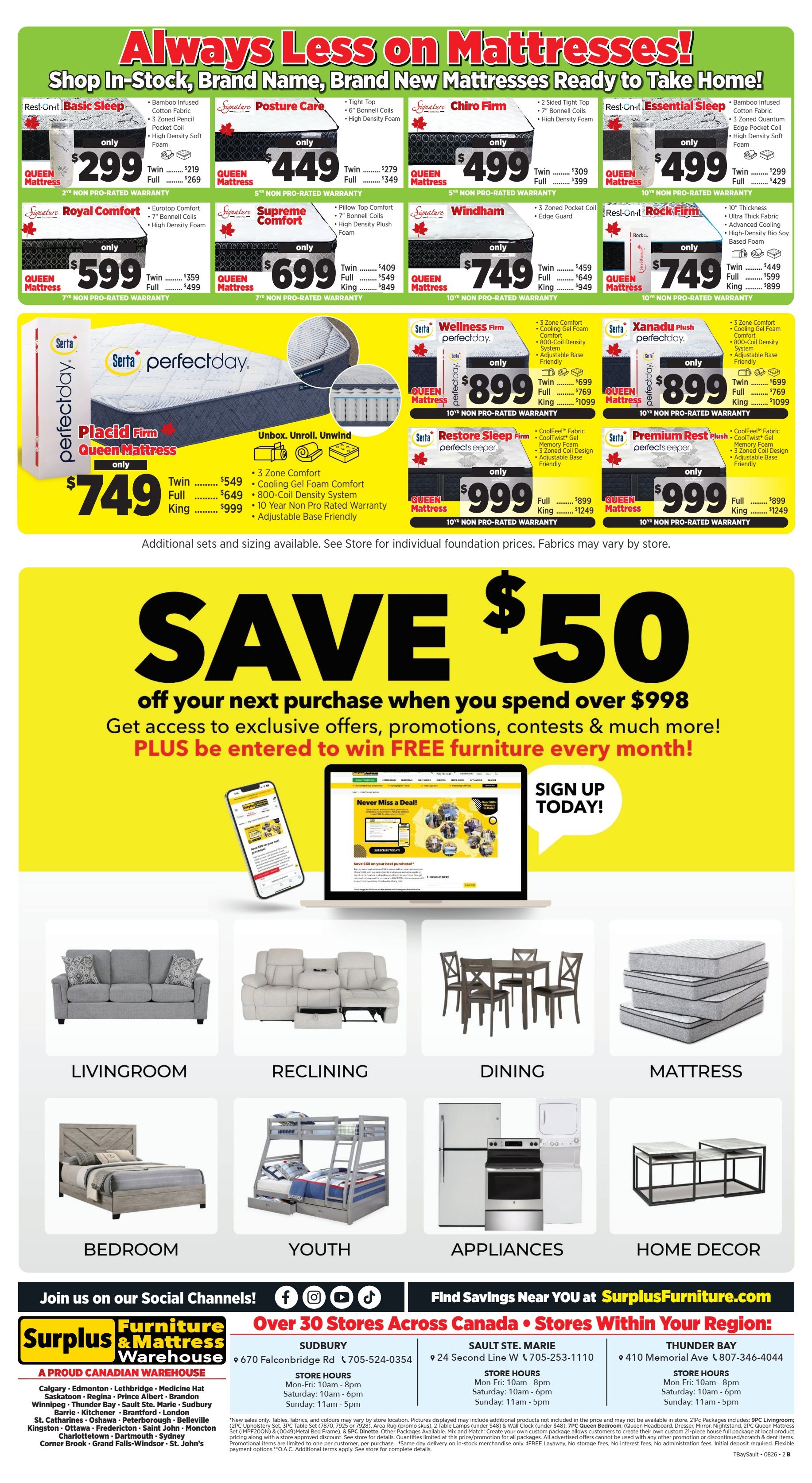 Surplus Furniture & Mattress Warehouse (Thunder Bay, Sault Ste Marie) Flyer August 3 to 23