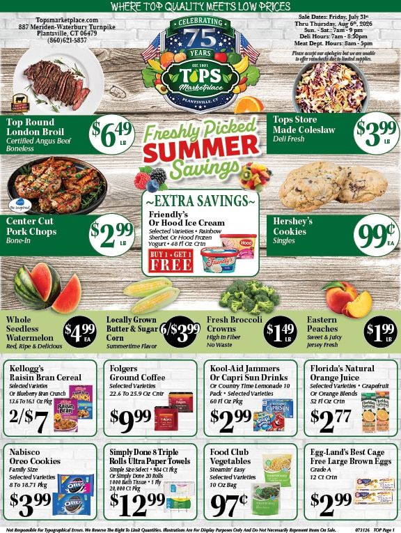 Tops Marketplace (Plantsville, CT) Weekly Ad July 31 - August 6, 2026