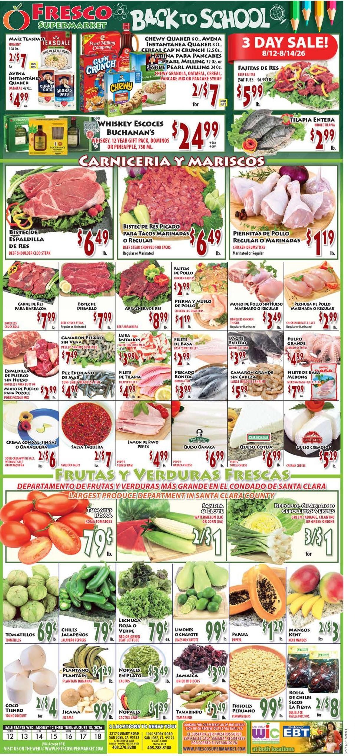 Fresco Supermarket (San Jose–Santa Clara Area, CA) Weekly Ad August 12 - 18, 2026