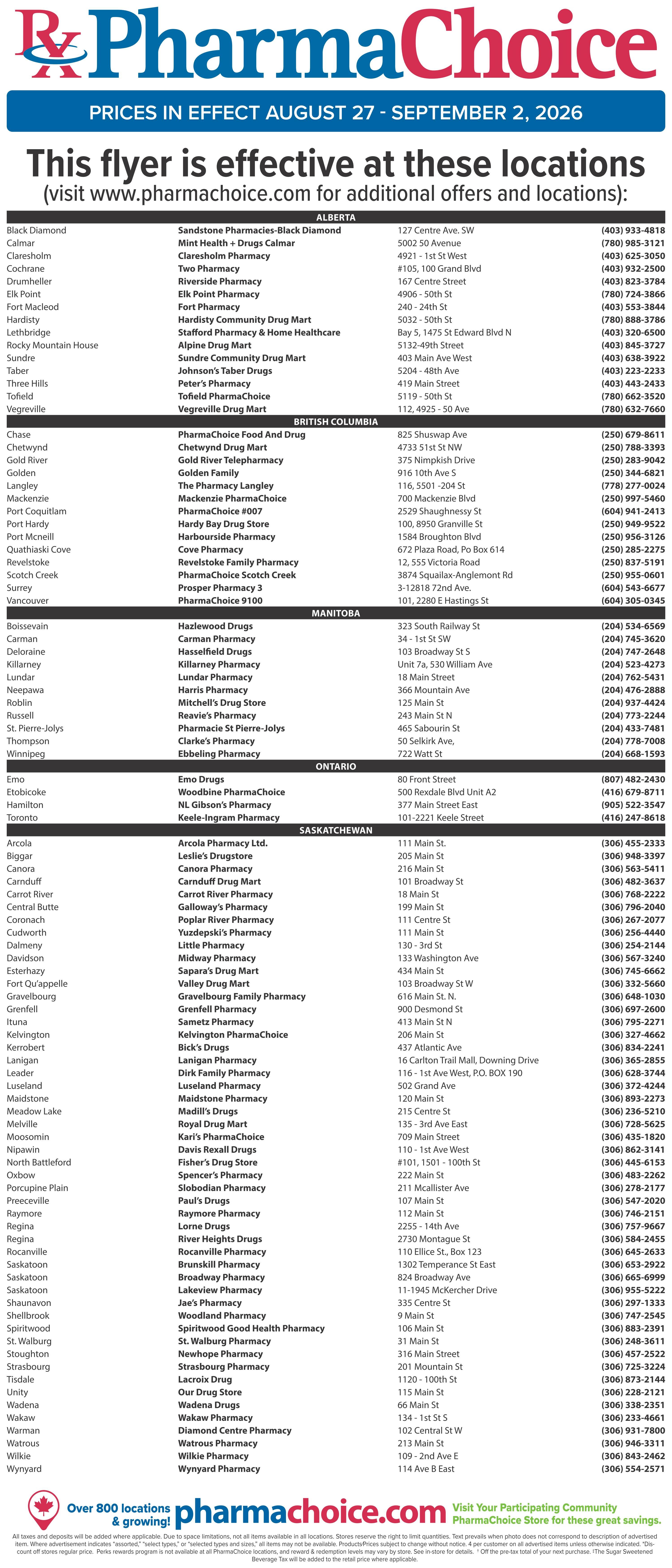PharmaChoice (BC, AB, SK & MB) Flyer August 27 to September 2