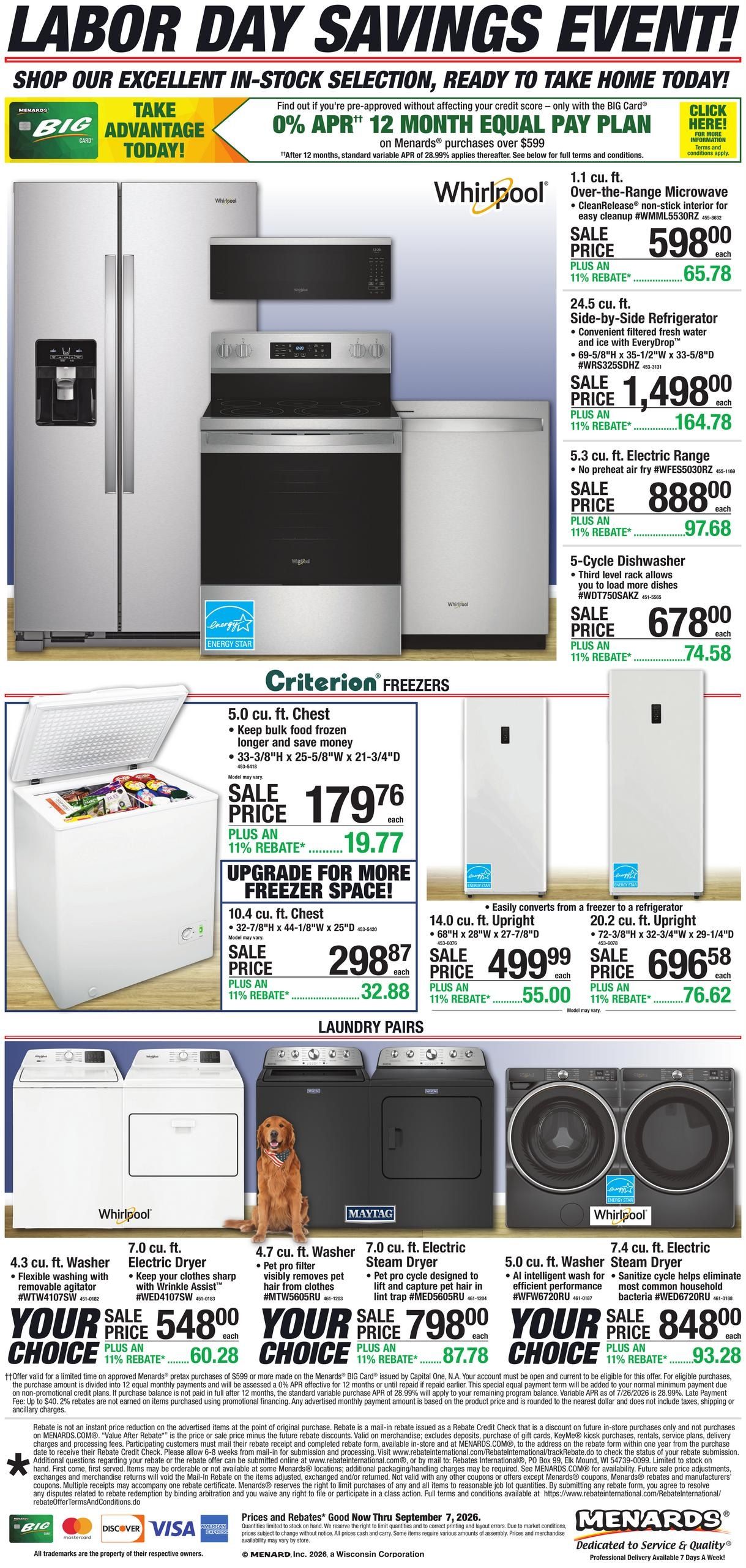 Menards Appliance Event Weekly Ad August 27 - September 7, 2026