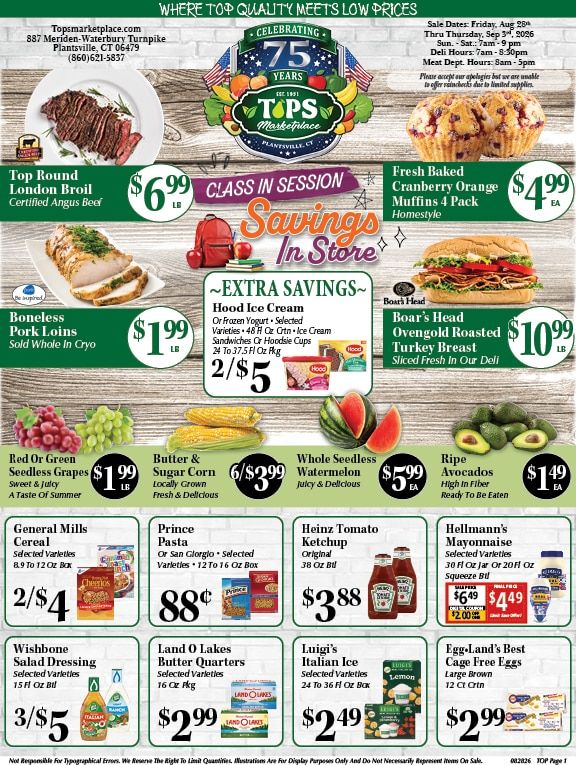 Tops Marketplace Weekly Ad August 28 - September 3, 2026