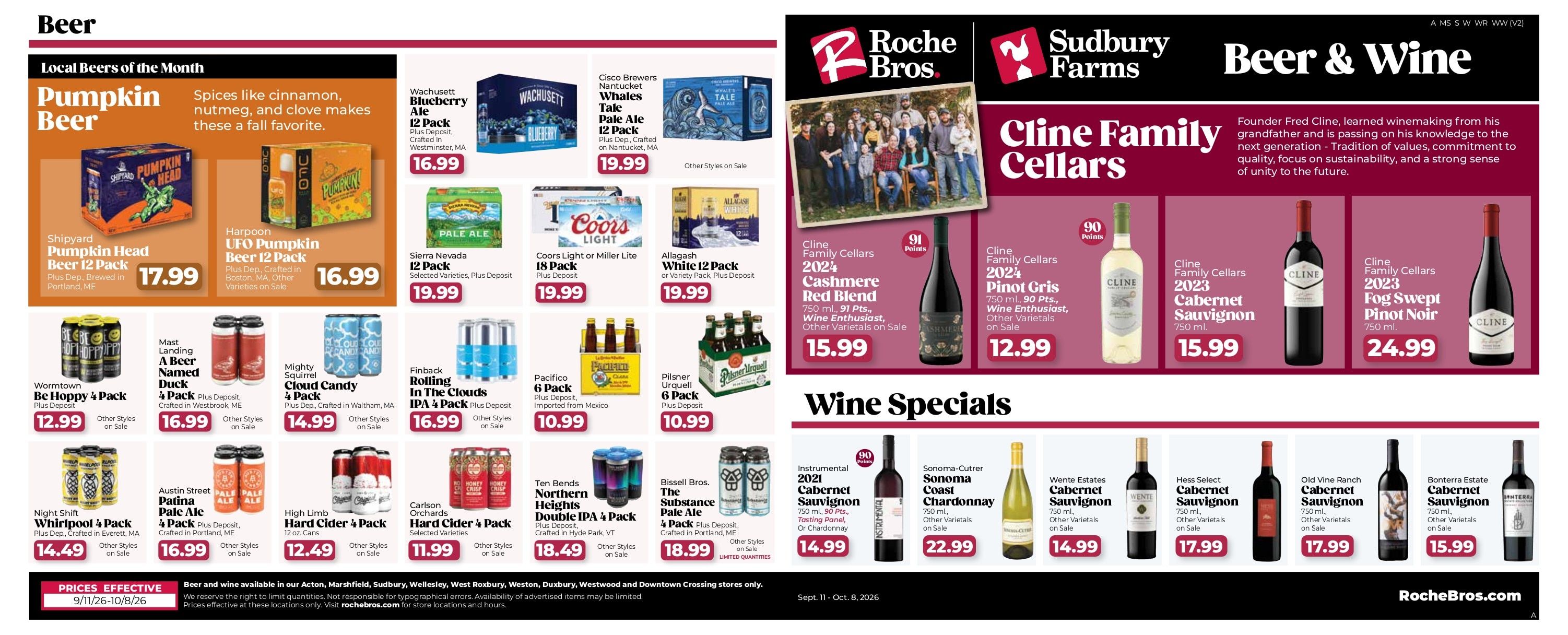 Roche Bros. Beer + Wine Weekly Ad September 11 - October 8, 2026