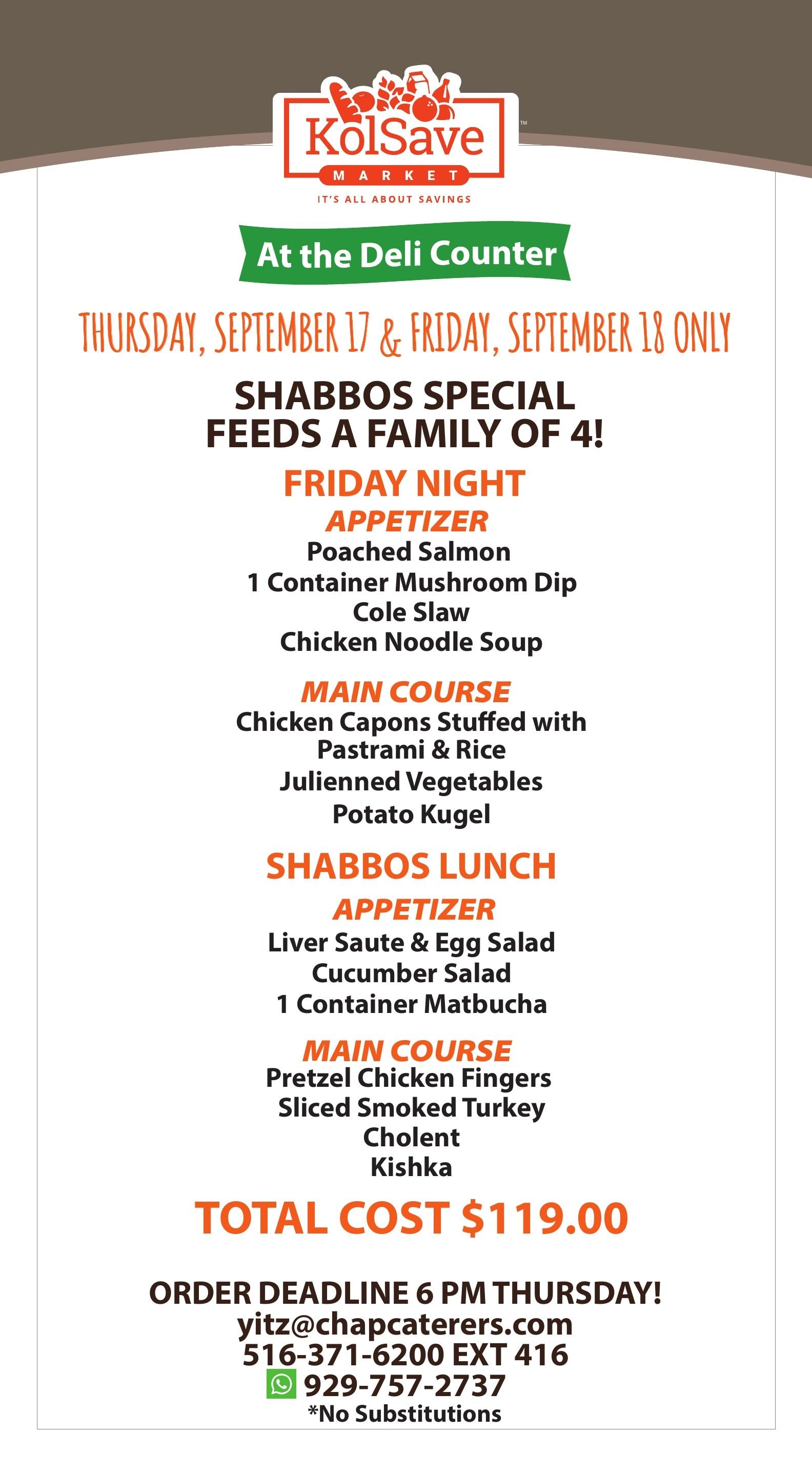KolSave Market Deli Shabbos Specials Weekly Ad September 18 - 19, 2026