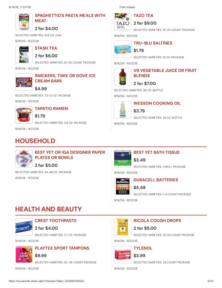 Susanville Supermarket IGA Weekly Ad September 16 - 22, 2026