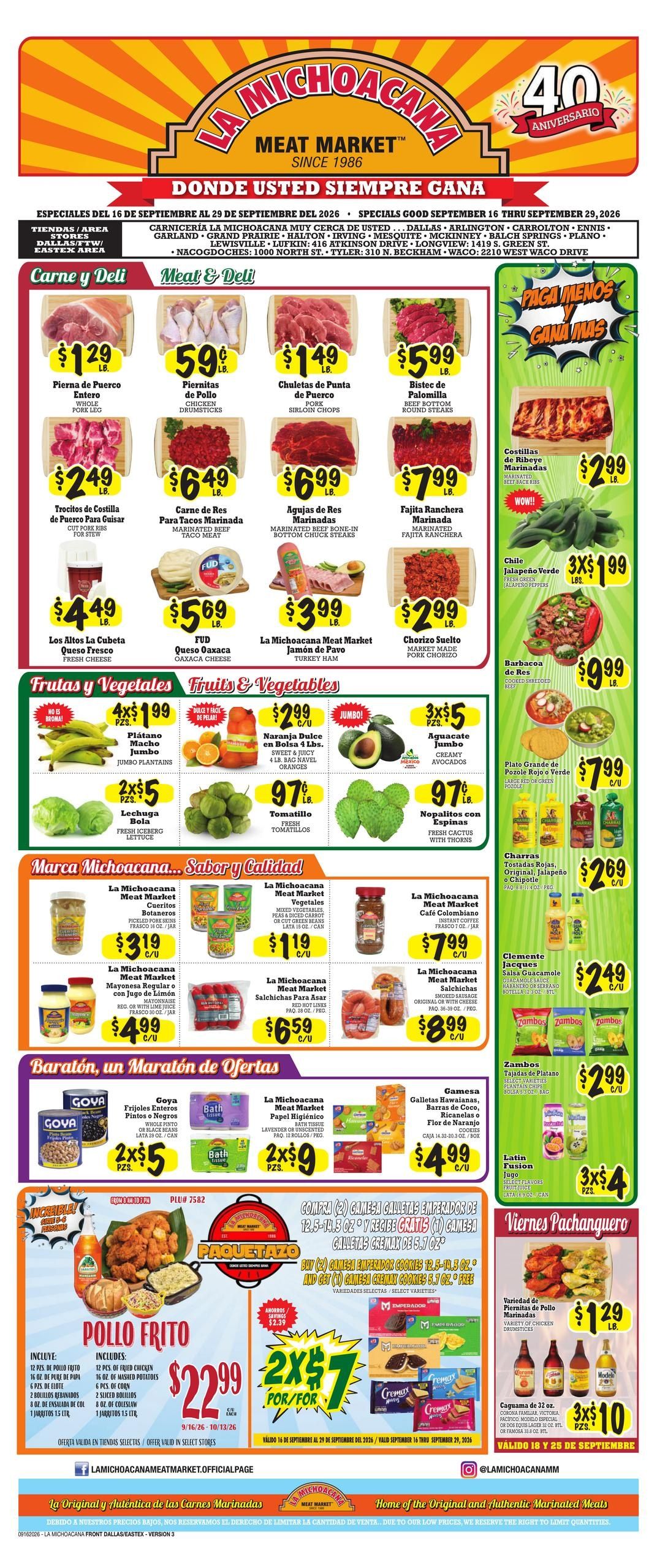 La Michoacana Meat Market (Addison Area, TX) Weekly Ad September 16 - 29, 2026