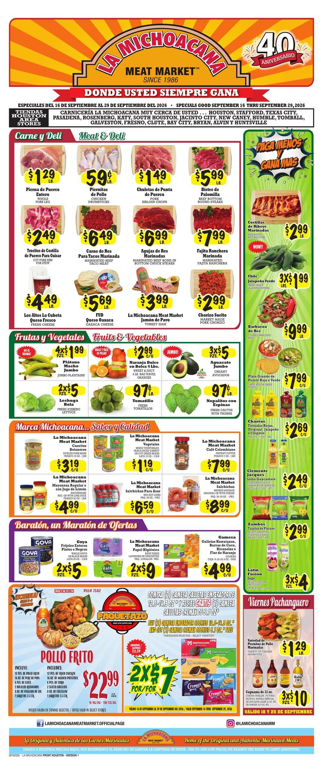 La Michoacana Meat Market (Houston Area, TX) Weekly Ad September 16 - 29, 2026