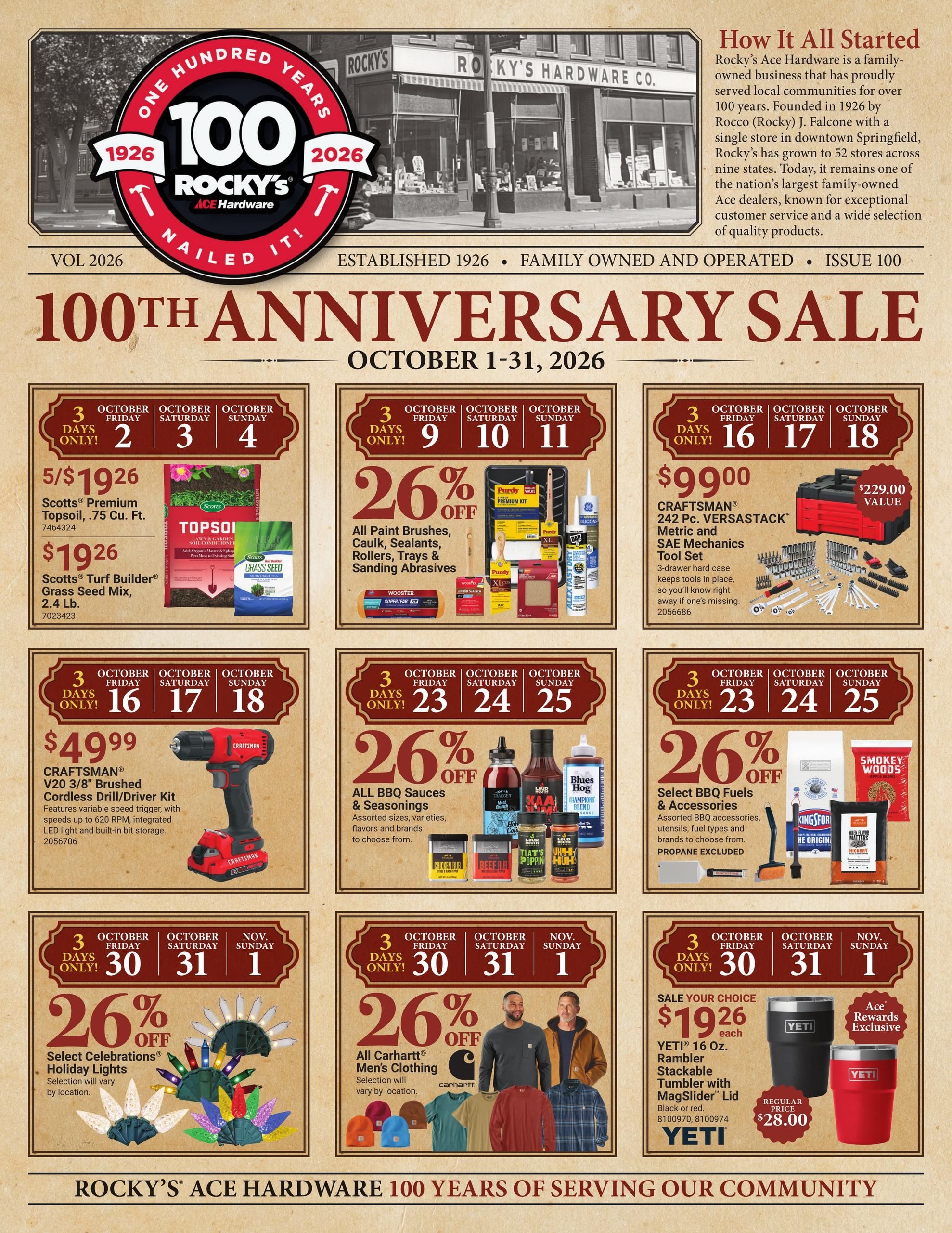 Ace Hardware (Bethany Area, CT) Rocky's 100th Anniversary Event Weekly Ad October 1 - 31, 2026