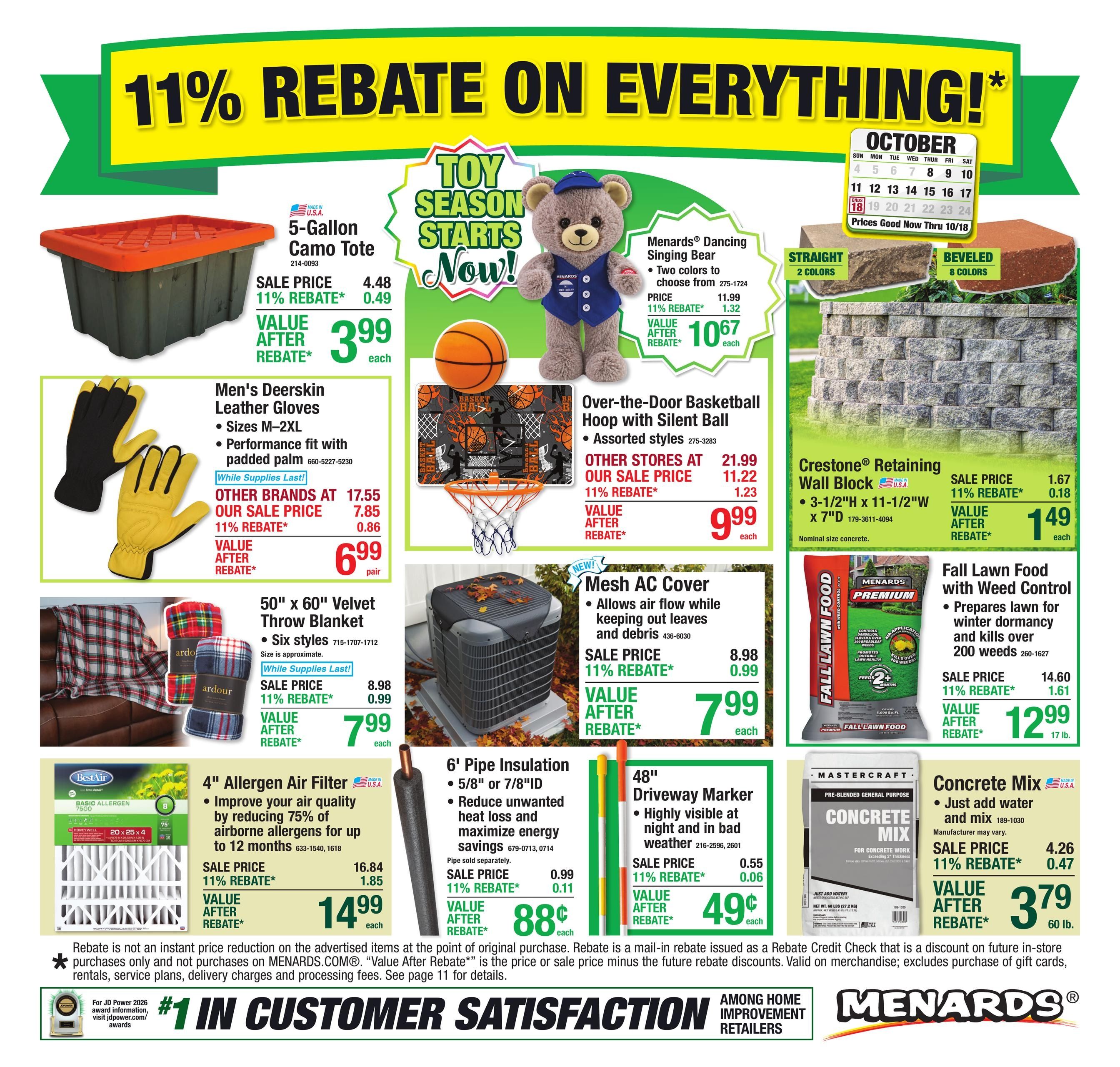 Menards (Ashley Area, ND) 11% Rebate Sale Weekly Ad October 7 - 18, 2026