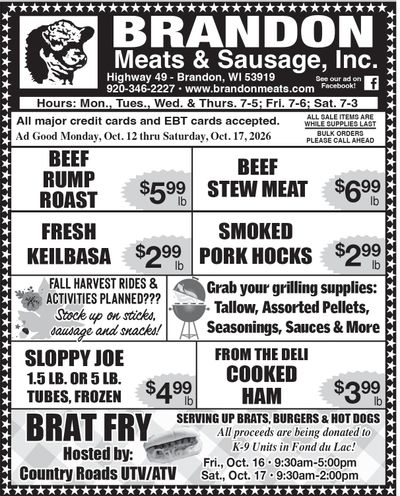 Brandon Meats & Sausage Weekly Ad October 12 - 17, 2026