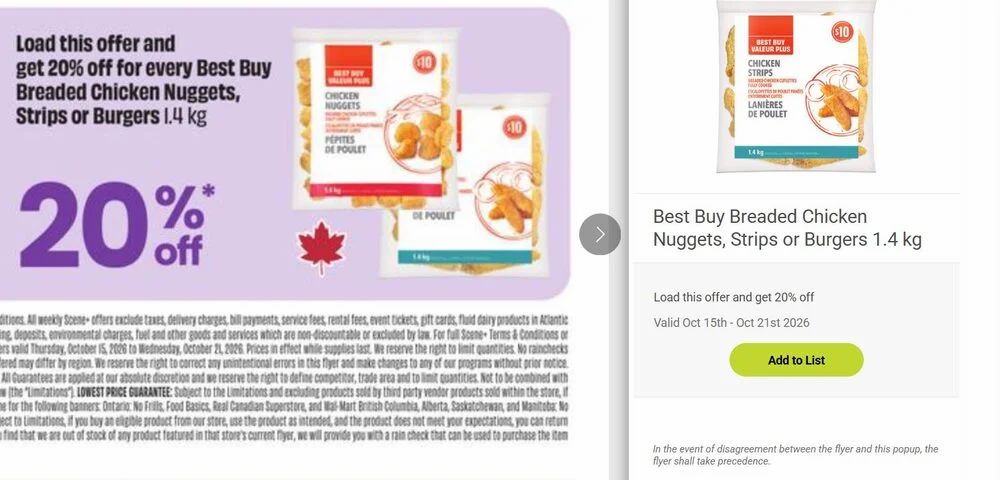 Fresh Co: Best Buy Breaded Chicken Nuggets, Strips or Burgers 1.4 kg $8.00. Requires loading Scene+ offers & Scene+ card