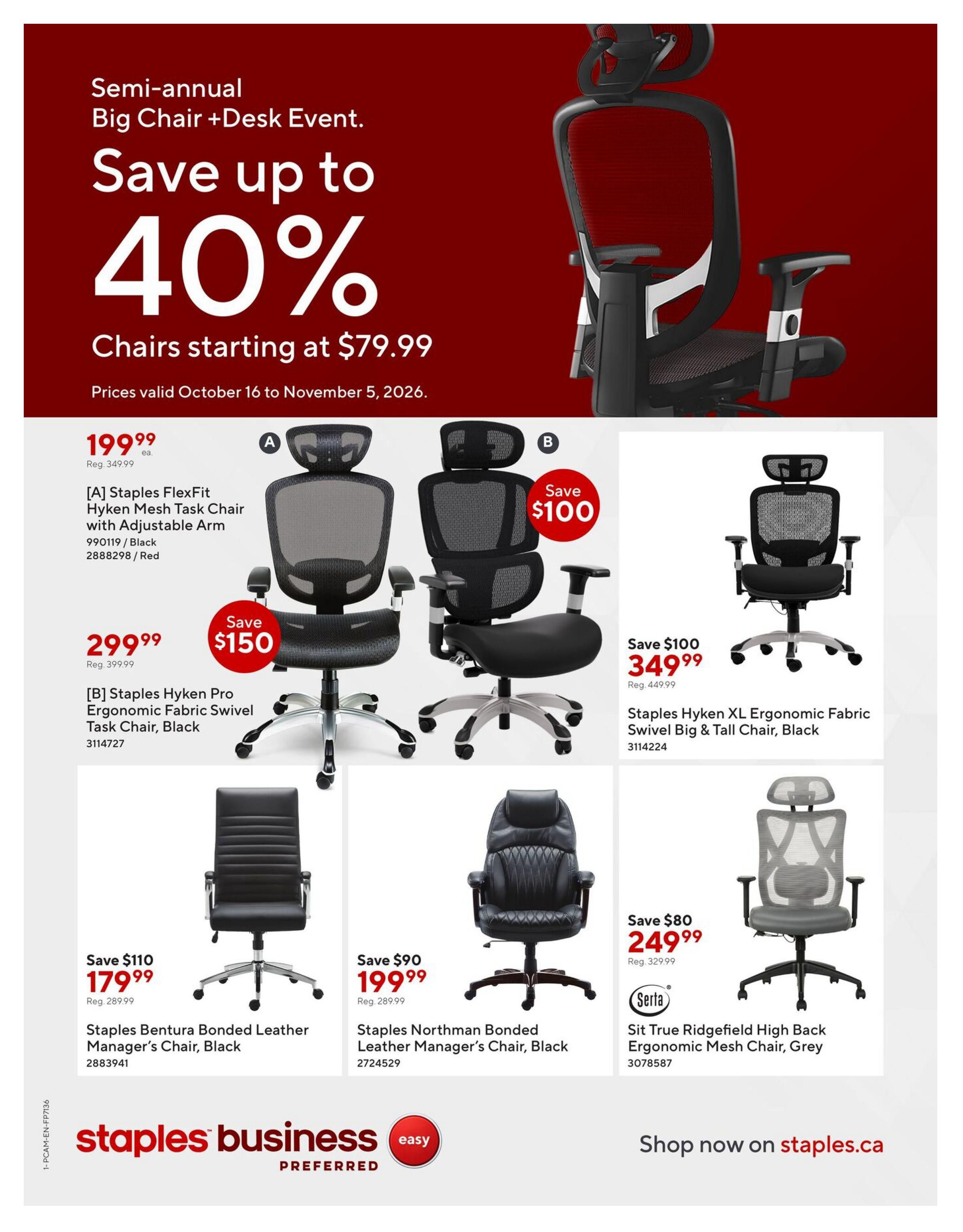 Staples Big Chair + Desk Event Flyer October 16 to November 5