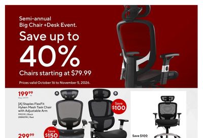 Staples Big Chair + Desk Event Flyer October 16 to November 5
